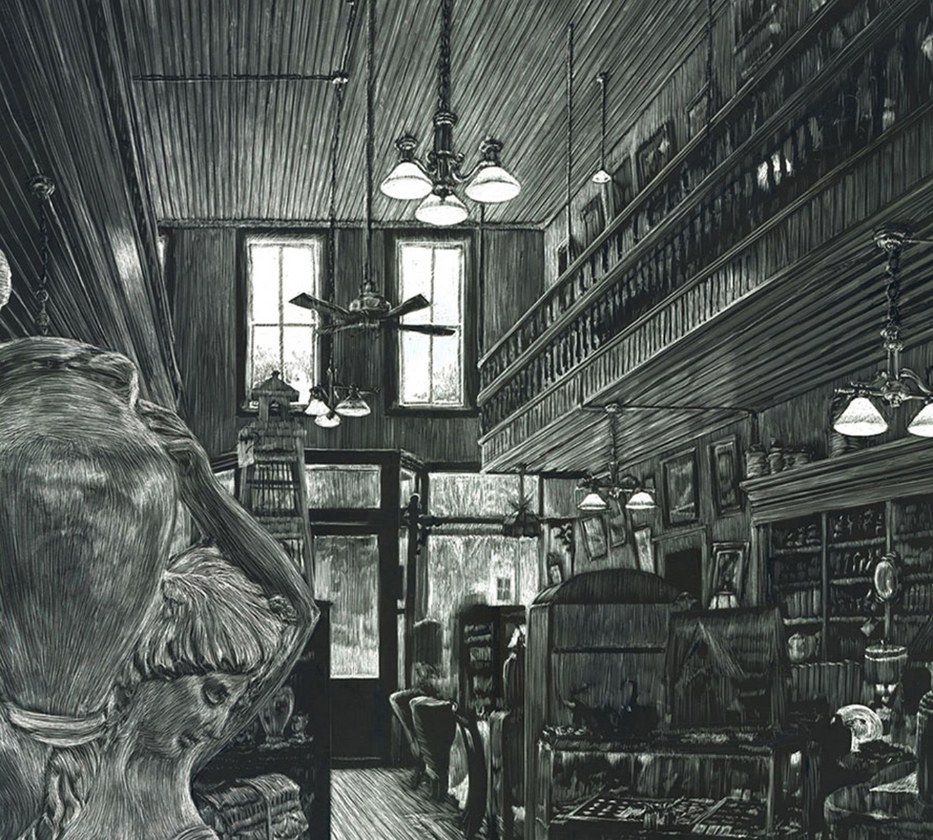 scratchboard drawing of antique store