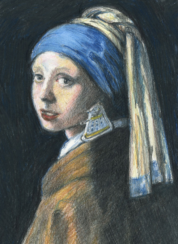 Colored pencil study of Vermeer's Girl with a Pearl Earring with a Dalek earring