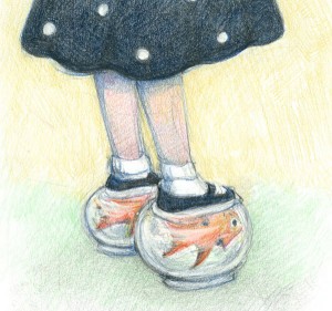 girl wearing goldfish shoes