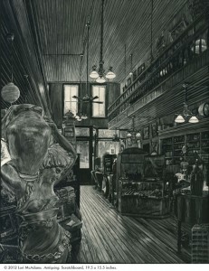 Scratchboard drawing of old biulding with antiques