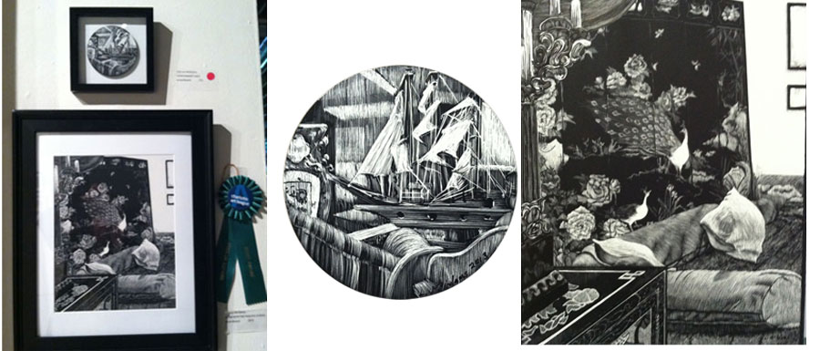 scratchboard drawing with prize ribbon