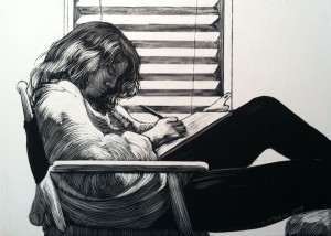 Drawing of a girl doing homework