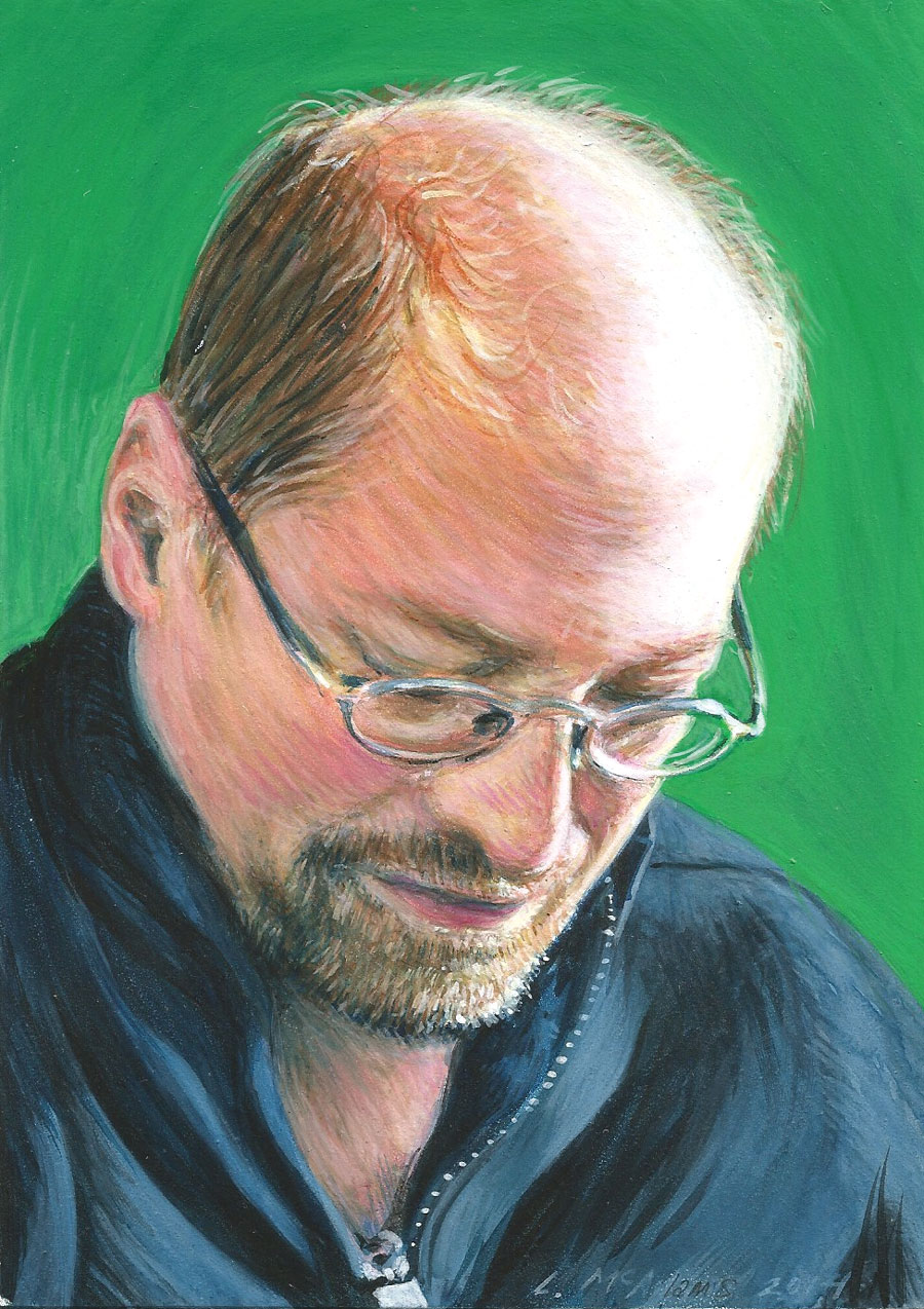 portrait of man with green background painted mixed media