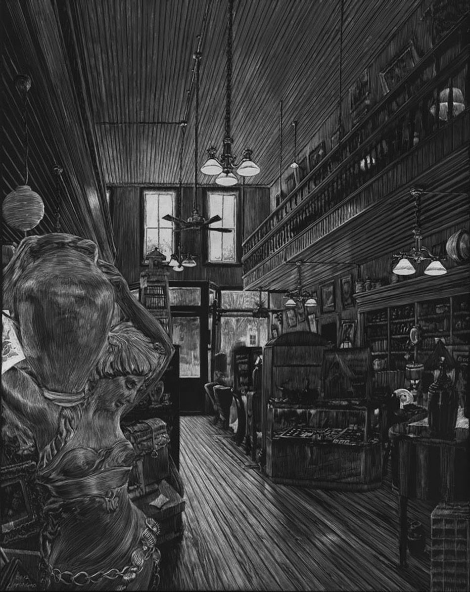 antique shop scratchboard drawing