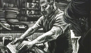 man and woman pulling screen prints scratchboard drawing