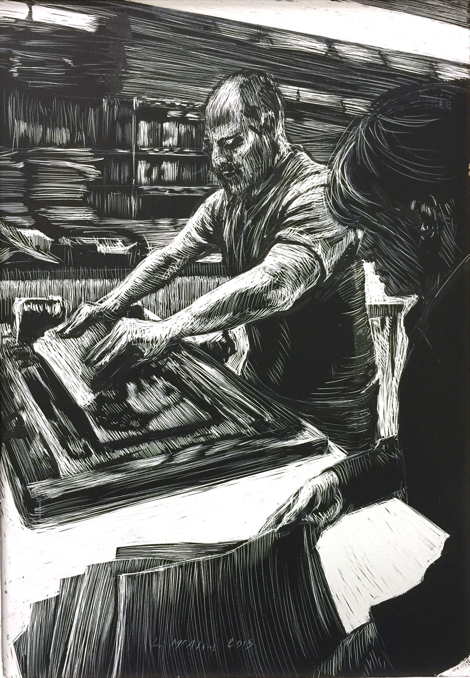 man and woman pulling screen prints scratchboard drawing named "art tradition"