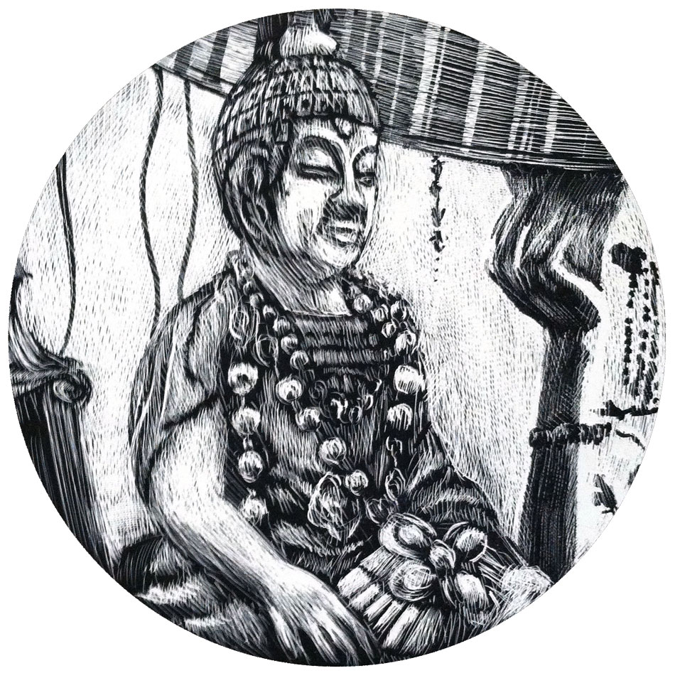 Circular buddha lamp scratchboard drawing