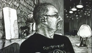 man in black shirt in cafe scratchboard drawing