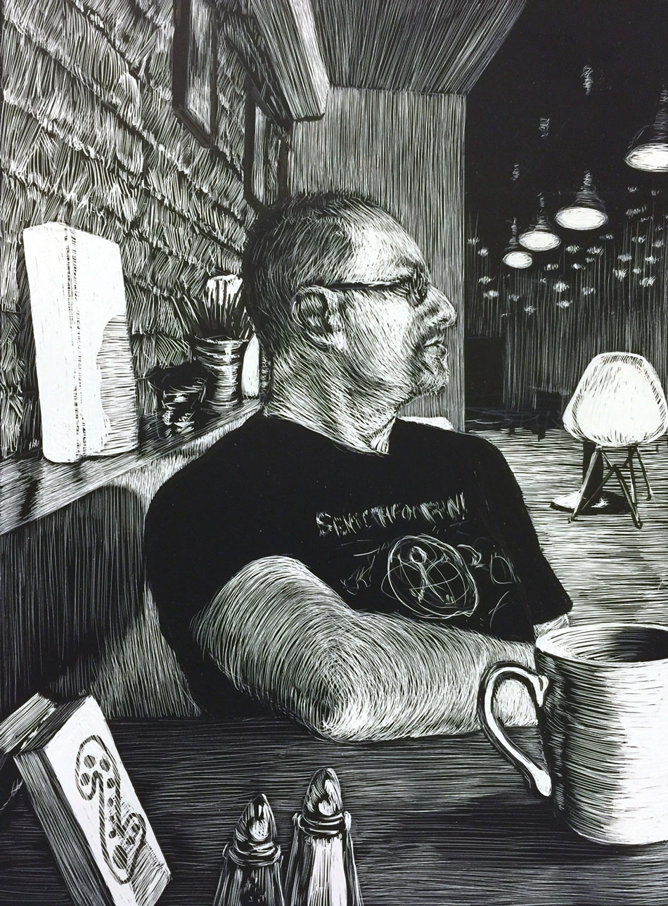 man in black shirt in cafe scratchboard drawing named "center of the universe cafe"