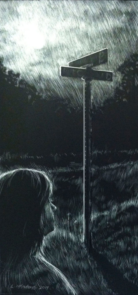 woman viewing 2 signs at crossroads scratchboard drawing named "midnight at the crosroads"