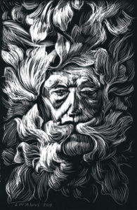 traditional green man scratchboard drawing