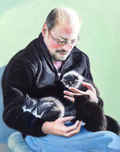 watercolor and acrylic portrait of man holding 3 kittens against a green background