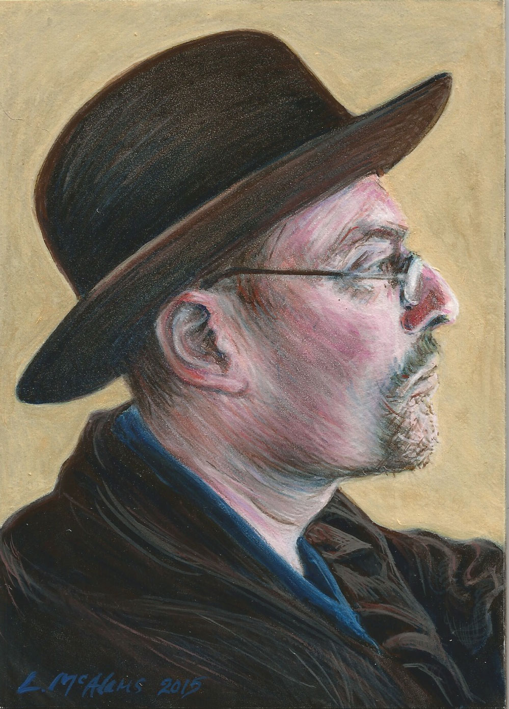 watercolor and acrylic portrait of man in brown hat with gold background