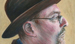 watercolor and acrylic portrait of man in brown hat