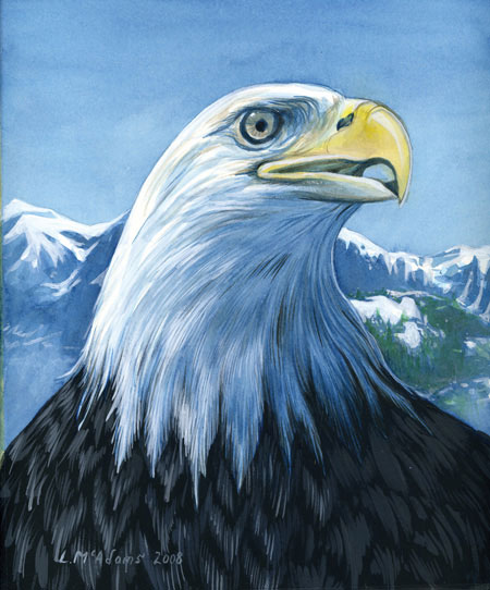 American bald eagle aginst mountain range