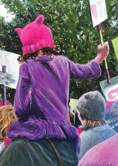 girl in purple dress and pink hat holding sign
