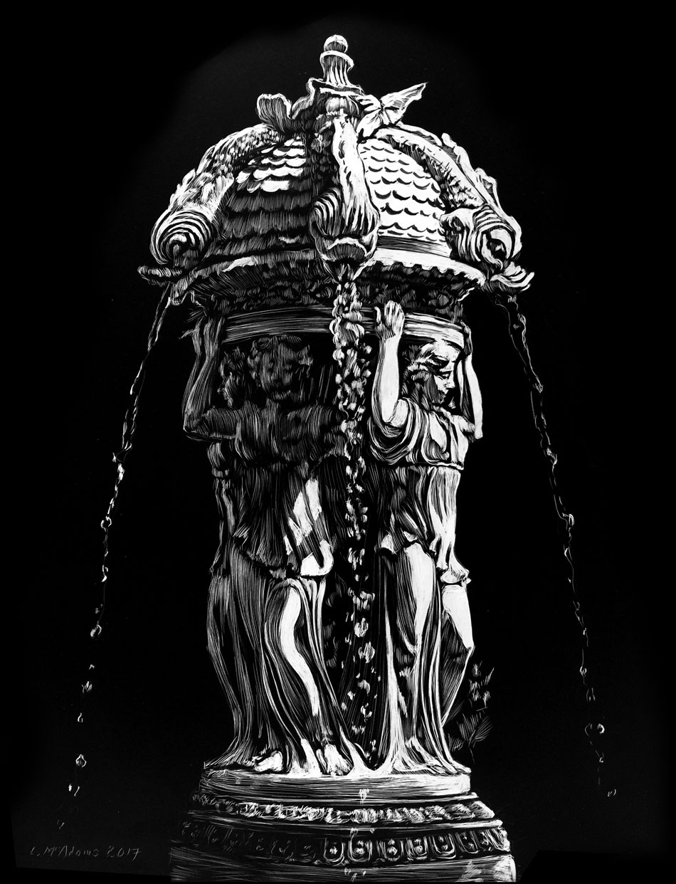 black and white scratchboard of Carboro Fountain