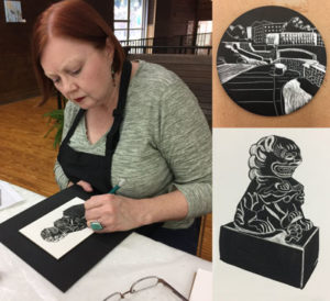 Jewel Reavis works on foo dog drawing and Charlotte Greenway and Foo Dog drawings