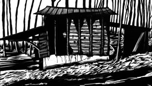 black and white scratchboard of NC tobacco barn