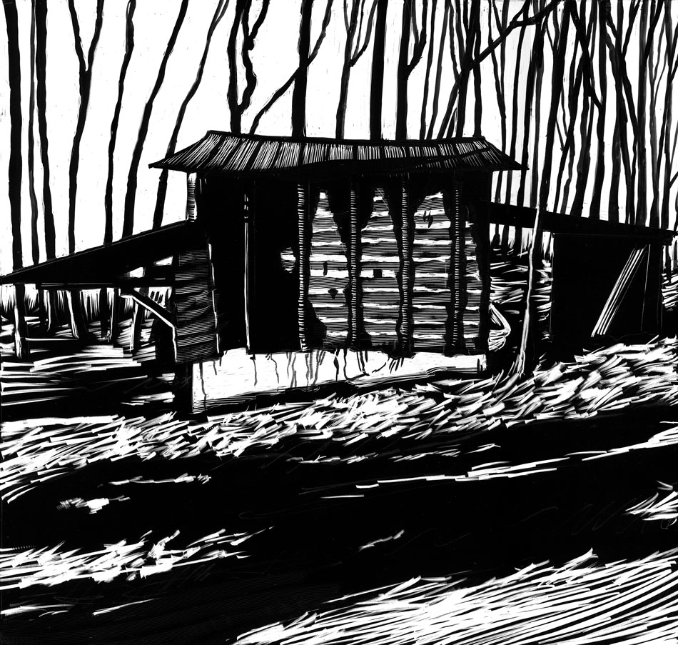 black and white scratchboard of NC tobacco barn