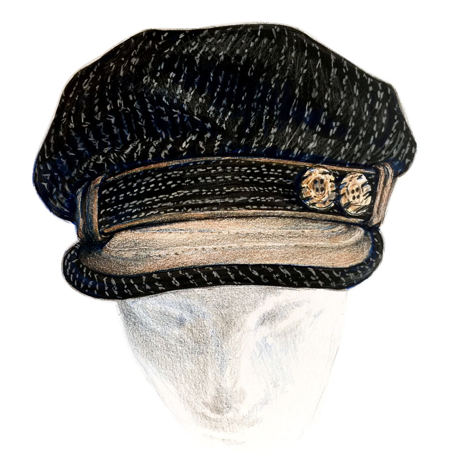 beige pageboy cap on dummy head rendered in colored pencil