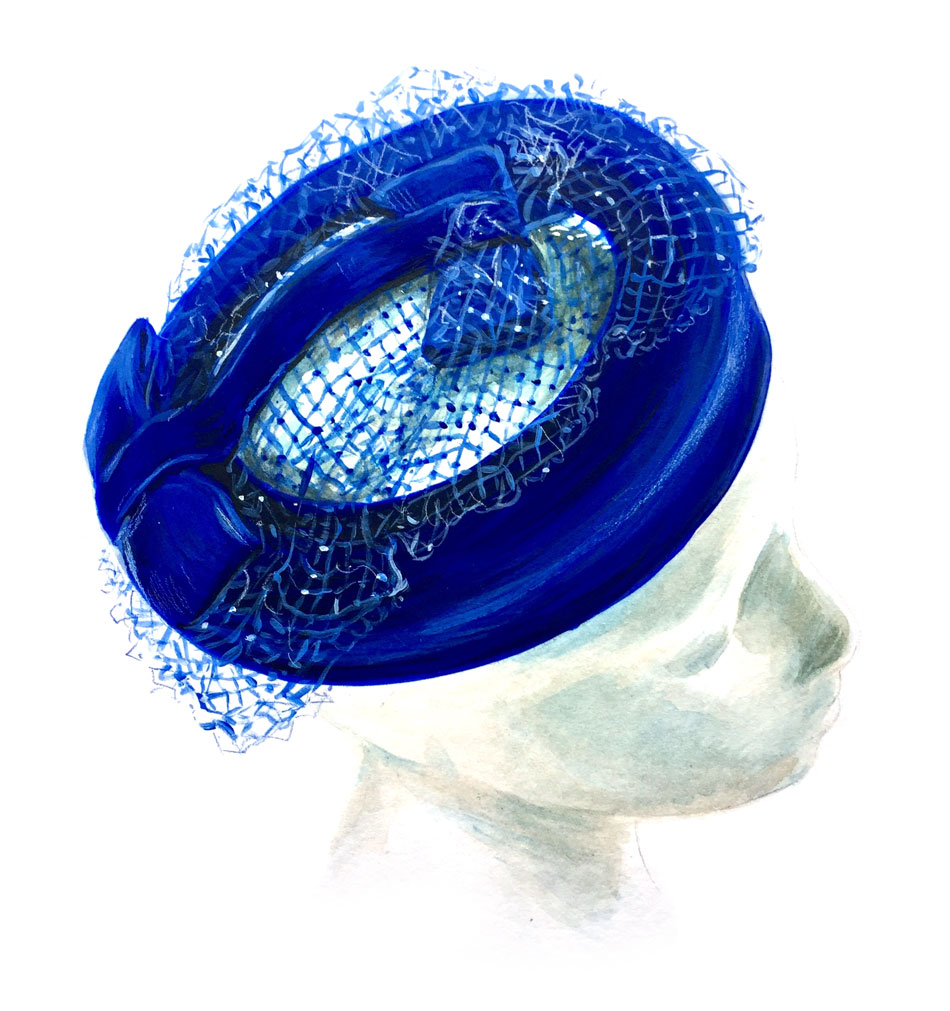 blue netted velvet circle hat circa 1950 in watercolor