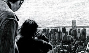 father and daughter viewing on top of empire state bldg scratchboard drawing