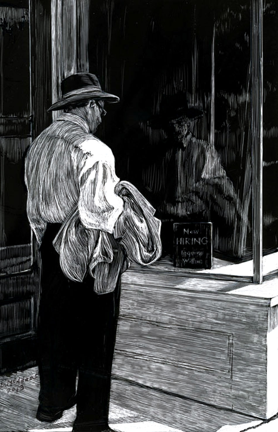 man in hat holding coat looking at now hiring sign in store window scratchboard drawing