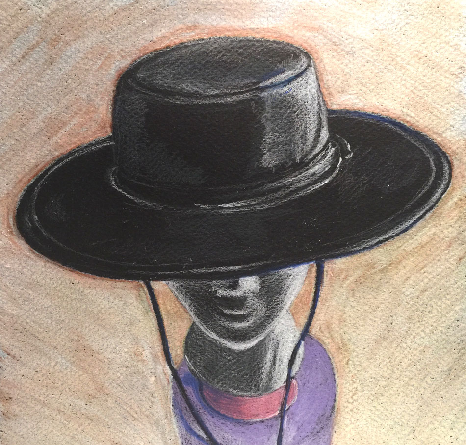 black leather bolero hat rendered in colored pencil