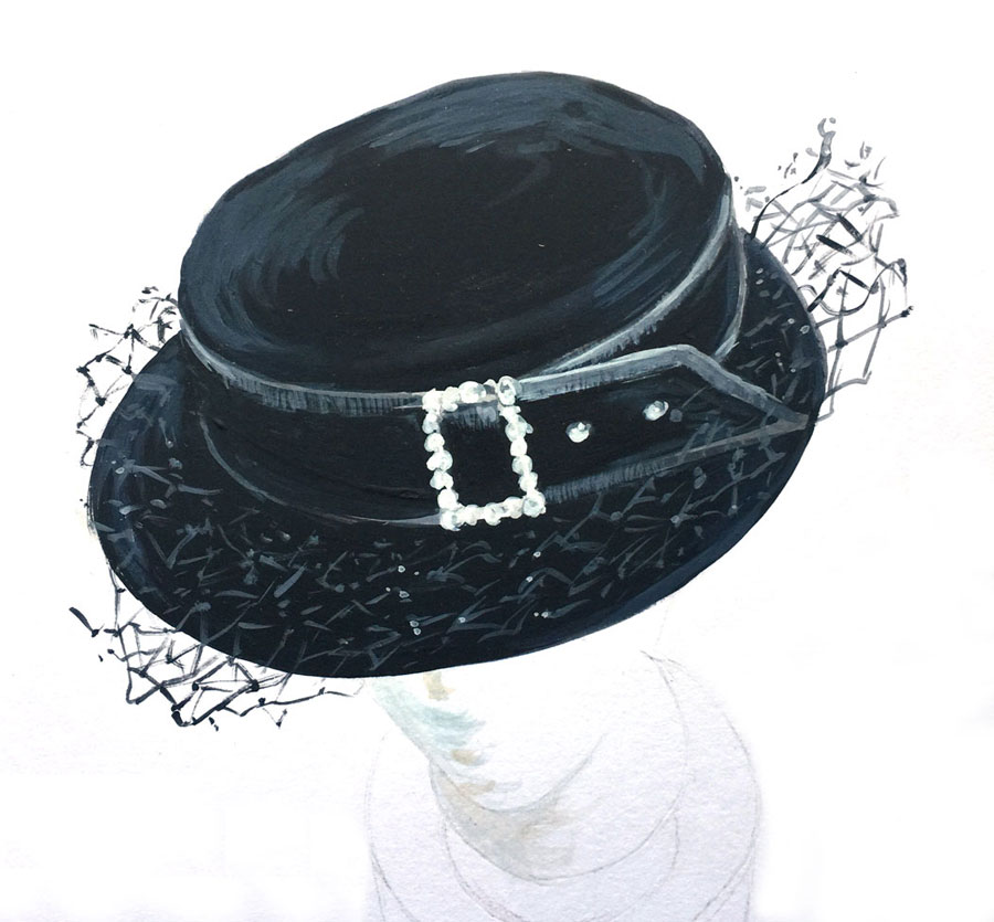 black velvet brimmed hat with buckle painted in watercolor