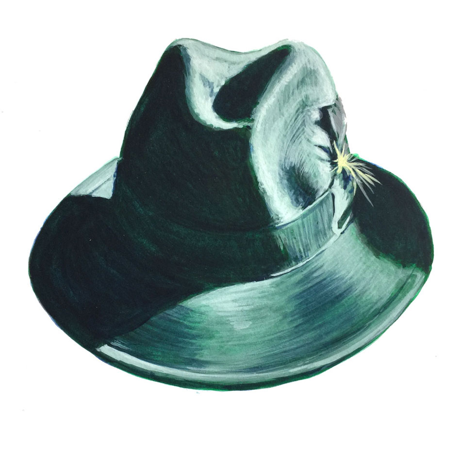 green fedora hat with yellow feather in watercolor