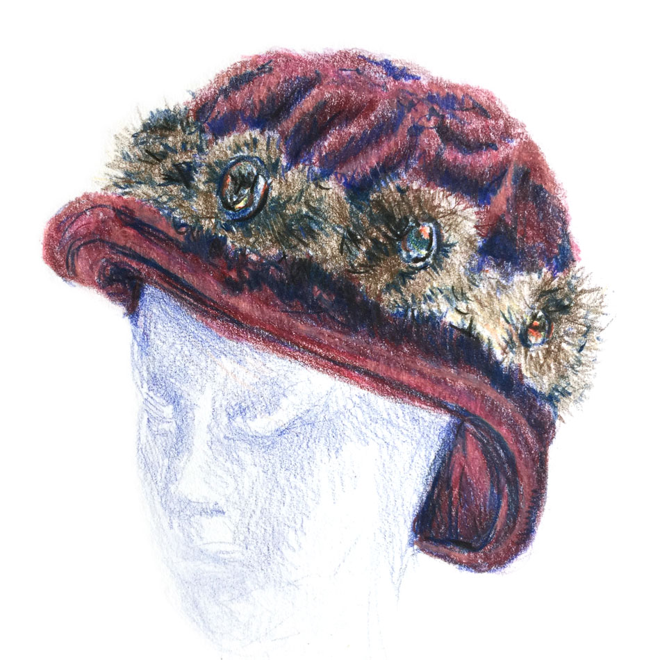 red velvet hat 1910 rendered in colored pencil