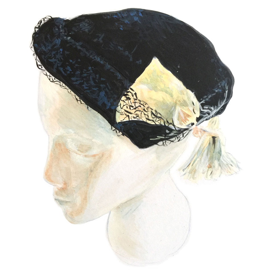 Black Velvet hat with Veil and Feather painting