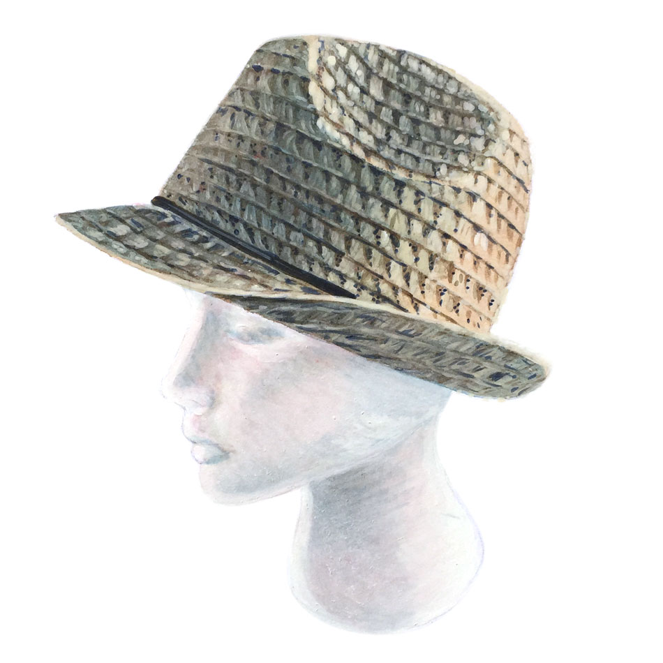 trilby straw hat on dummy head rendered in watercolor