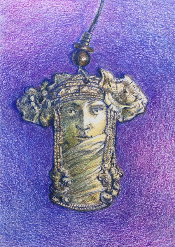 Golden brass art nouveau stye earring with a purple background rendered in colored pencil by Lori McAdams