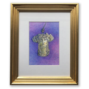 Golden brass art nouveau stye earring with a purple background iin a gold frame rendered in colored pencil by Lori McAdams