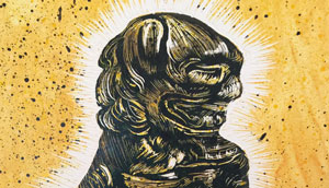 glowing foo dog with gold background rendered in scratchboard by Lori McAdams
