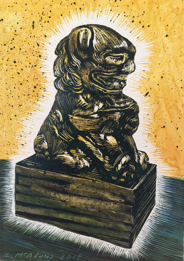 glowing foo dog with gold background rendered in scratchboard by Lori McAdams