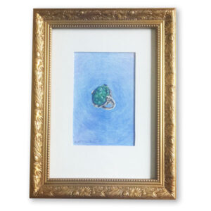 Chinese green jade ring against a blue background in a gold frame rendered by Lori McAdams