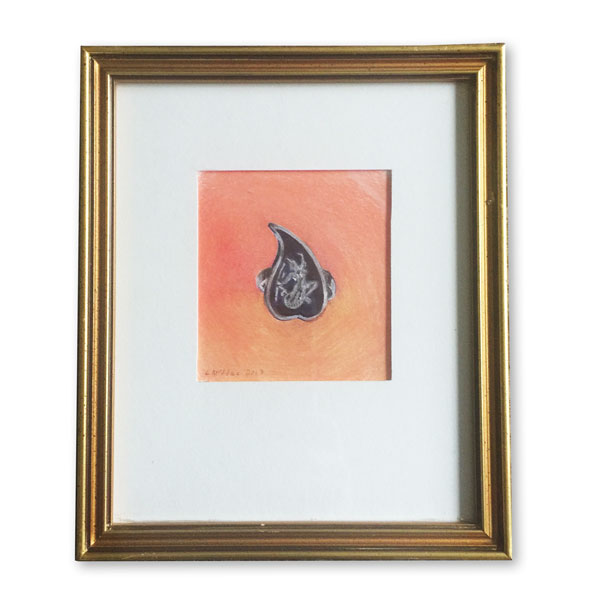 Teardrop silver Thai ring in a gold frame rendered in colored pencil by Lori McAdams