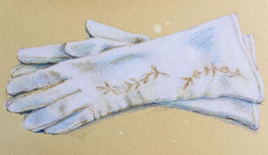 White leather vintage gloves rendered in colored pencil by Lori McAdams
