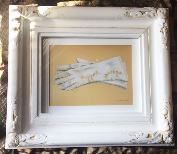 White leather vintage gloves rendered in colored pencil by Lori McAdams in white and gold accented carved wood frame