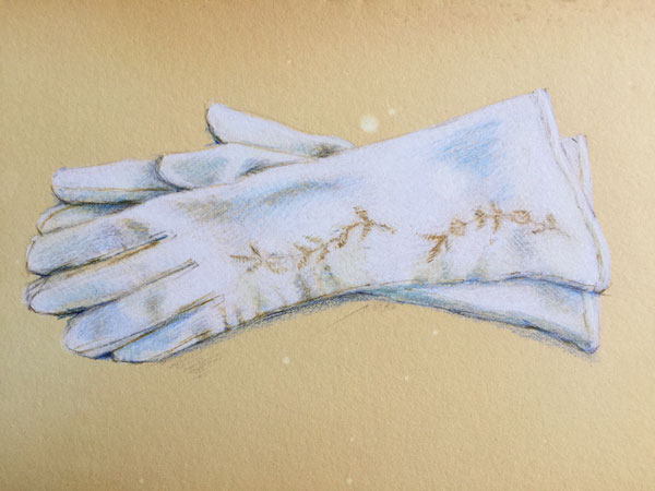 White leather vintage gloves rendered in colored pencil by Lori McAdams