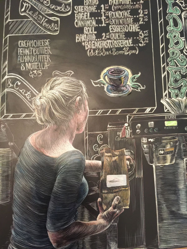 detail of woman grinding coffee rendered in scratchboard