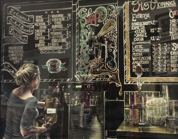 coffeshop menus and woman grinding coffee rendered in scratchboard