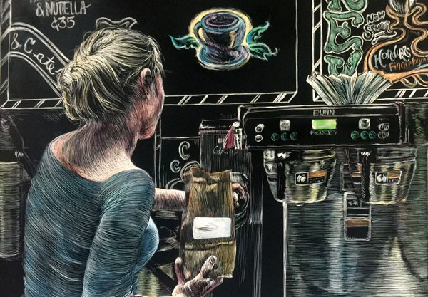 blonde barista grinding coffe in front of elaborately decorated charlkboard at coffee shop rendered in scratchboard and watercolor by artist Lori McAdams.