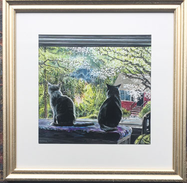 framed drawing of two cats looking out a window at spring blooms.