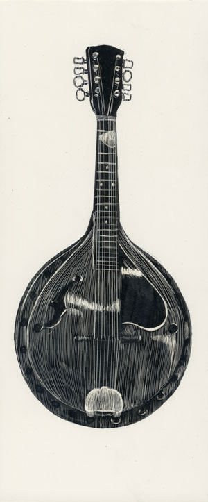 drawing of a mandolin rendered in scratchboard.