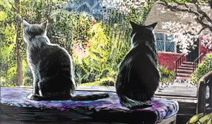 two cats looking out a window at spring blooms.