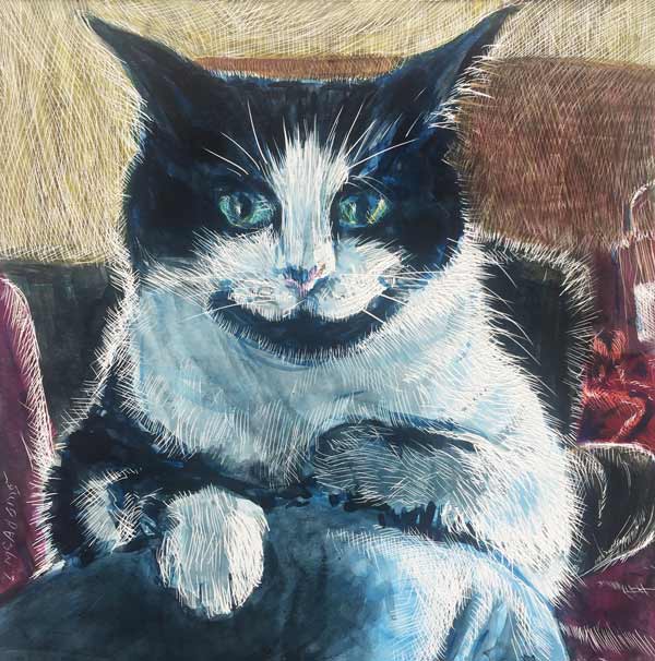 color scratchboard and inks of Jasmine the cat sitting on a man's knee.